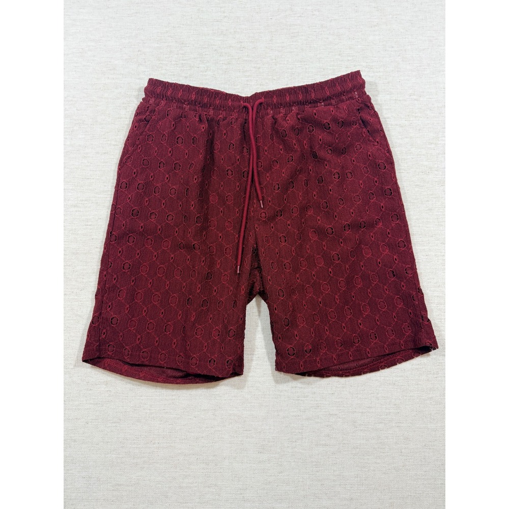 URRU Eyelet Mesh Shorts Mens Large Burgundy Excellent Casual Drawstring Knit